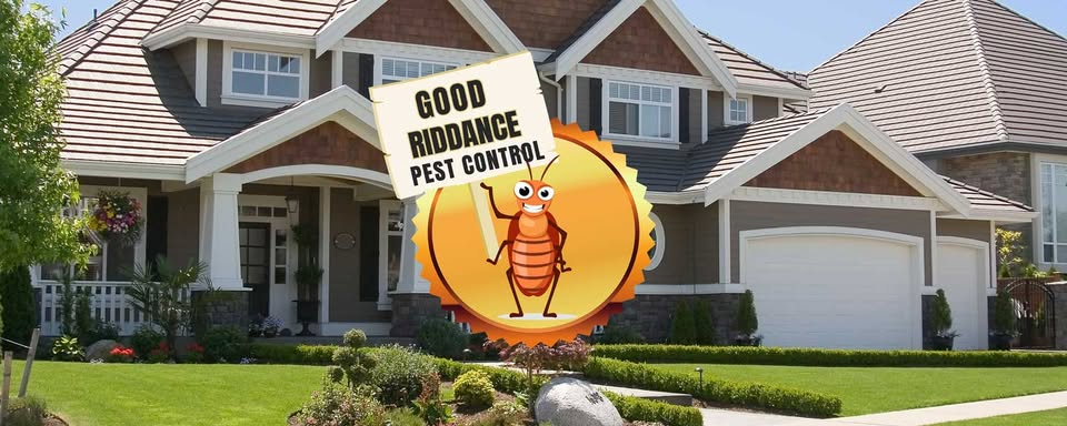 Good Riddance Pest Control logo in front of a landscaped home
